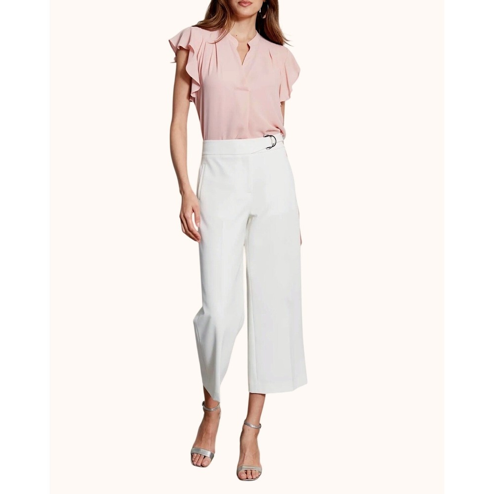 Elie Tahari T Tahari White Crepe Wide Leg Cropped Pants D-Ring Belt‎ Size 8 NEW